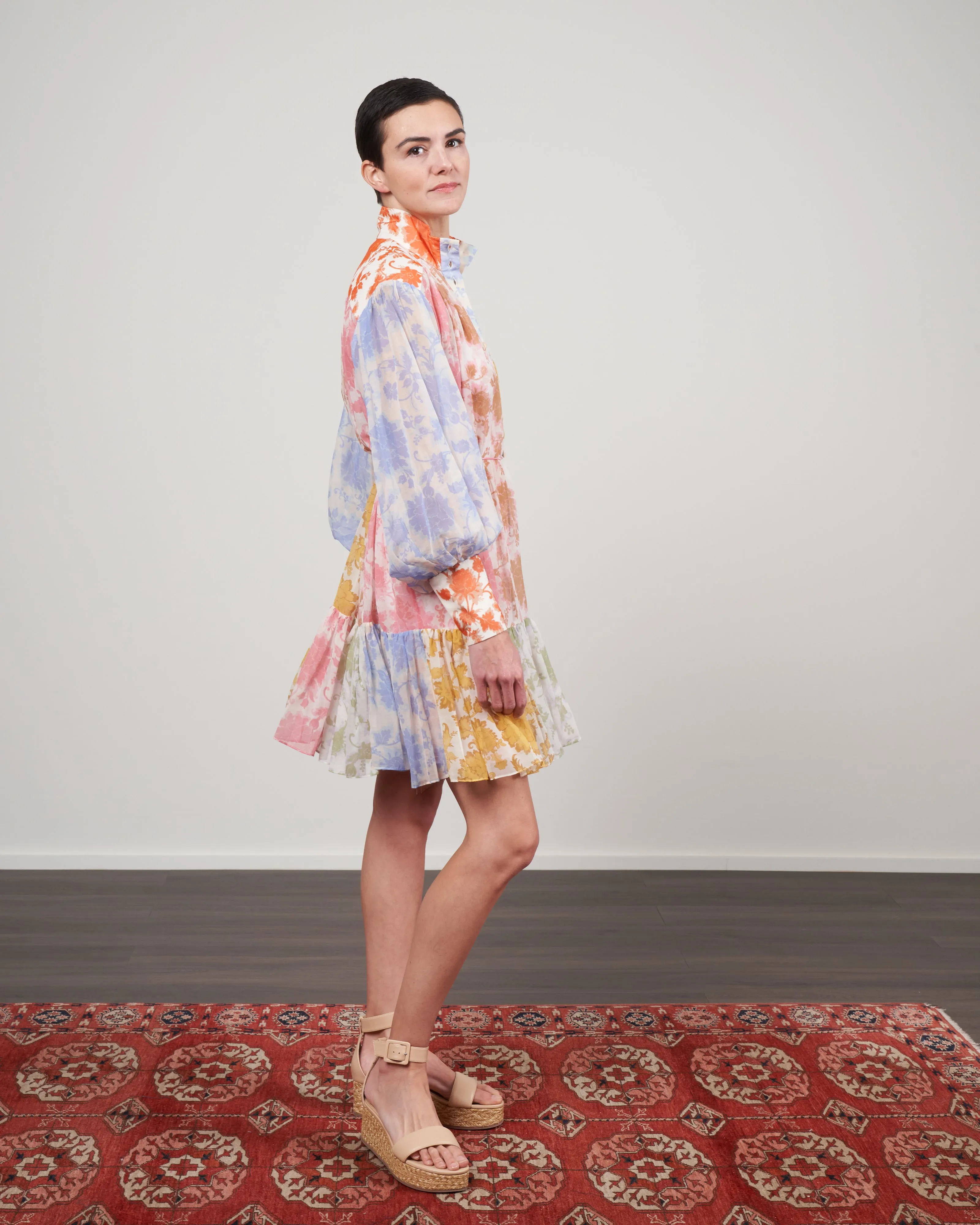 postcard lantern mini dress - spliced tonal floral