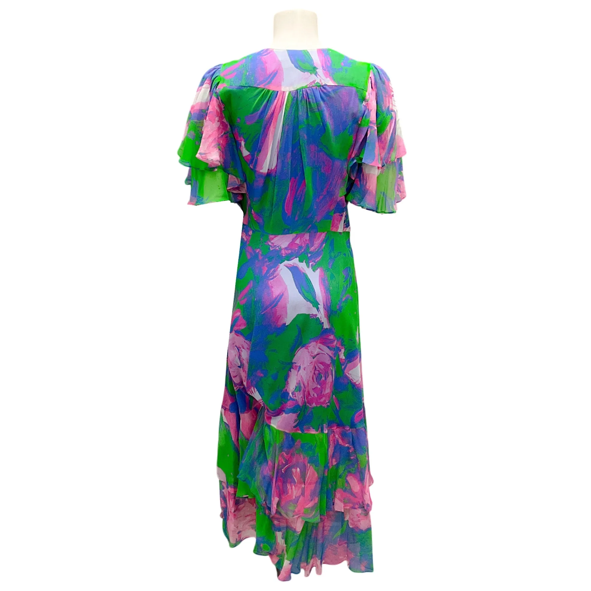 Prabal Gurung Blue / Pink / Green Flutter Sleeved Silk Midi Dress