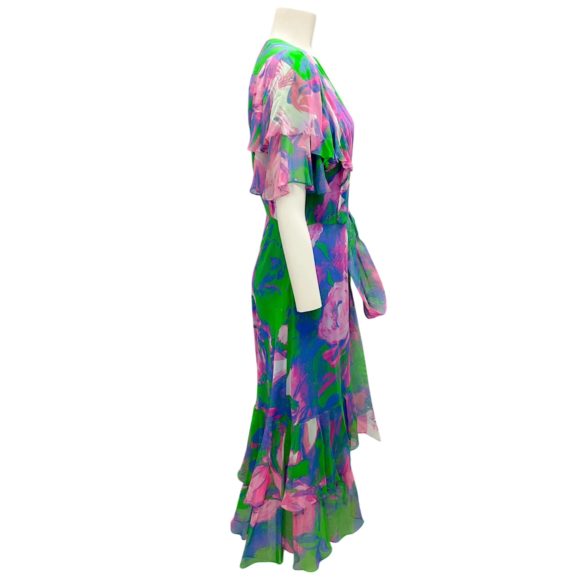 Prabal Gurung Blue / Pink / Green Flutter Sleeved Silk Midi Dress
