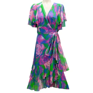 Prabal Gurung Blue / Pink / Green Flutter Sleeved Silk Midi Dress