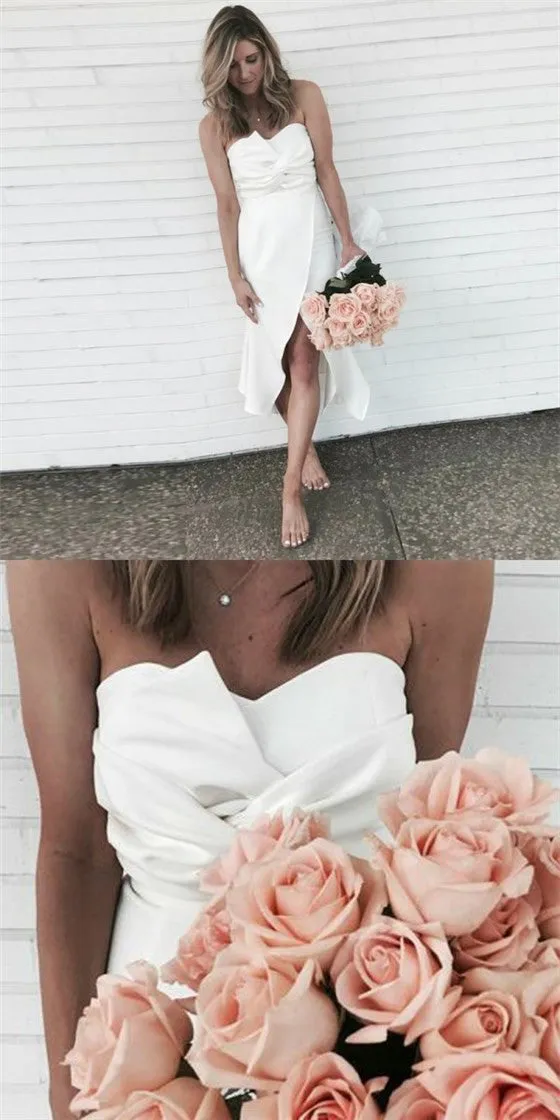 Pretty Sweetheart Asymmetrical Short Cheap Ivory Satin Bridesmaid Dresses Online, QB0157