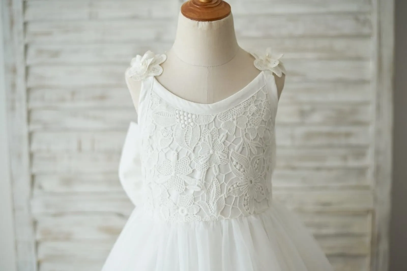 Princess Ivory Lace Tulle V Back Wedding Flower Girl Dress, Big Bow