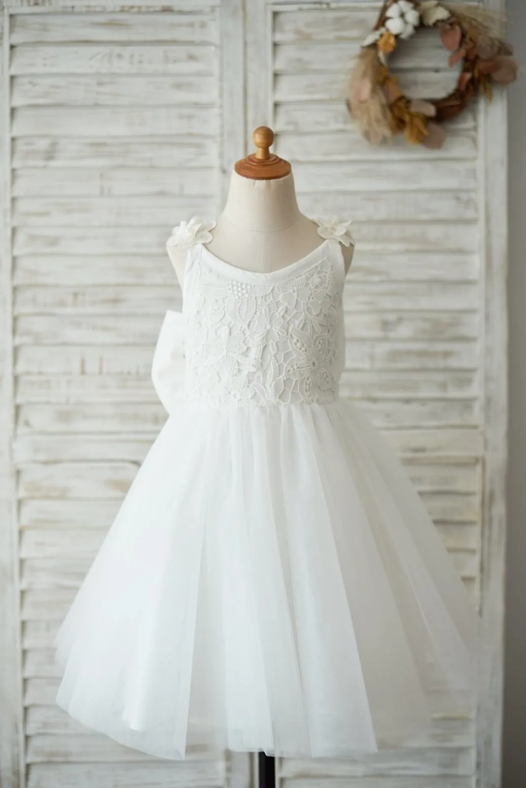 Princess Ivory Lace Tulle V Back Wedding Flower Girl Dress, Big Bow