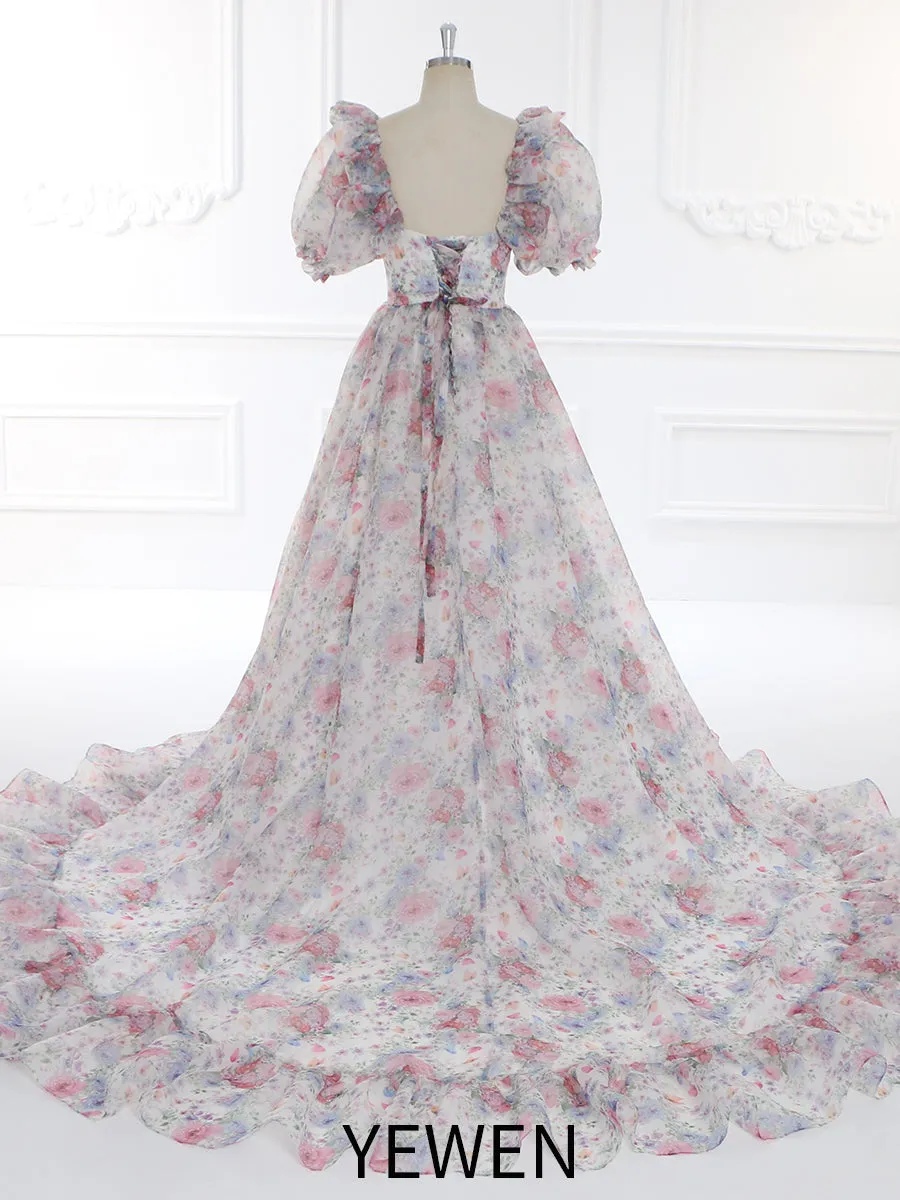Print Floral Prom Dress Long Train Fancy Photo Shoots Gown Silk Soft Organza Maxi Dress YW231108
