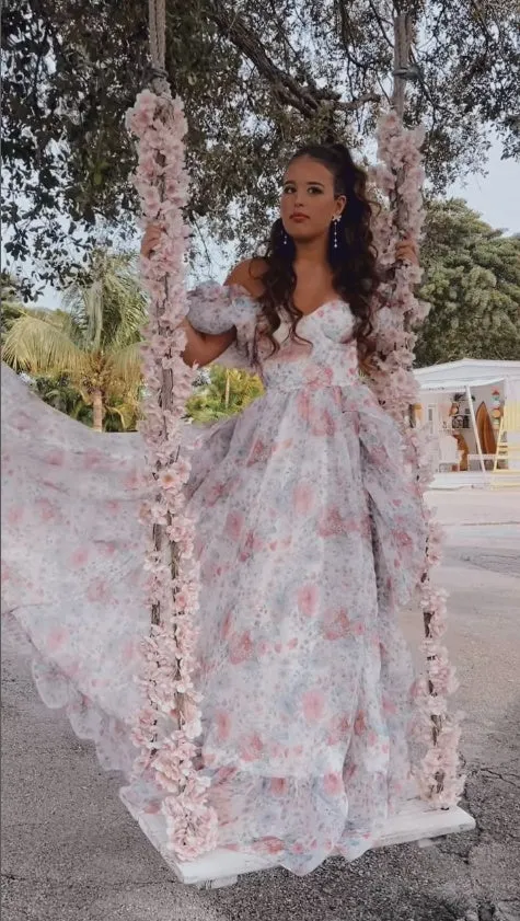 Print Floral Prom Dress Long Train Fancy Photo Shoots Gown Silk Soft Organza Maxi Dress YW231108