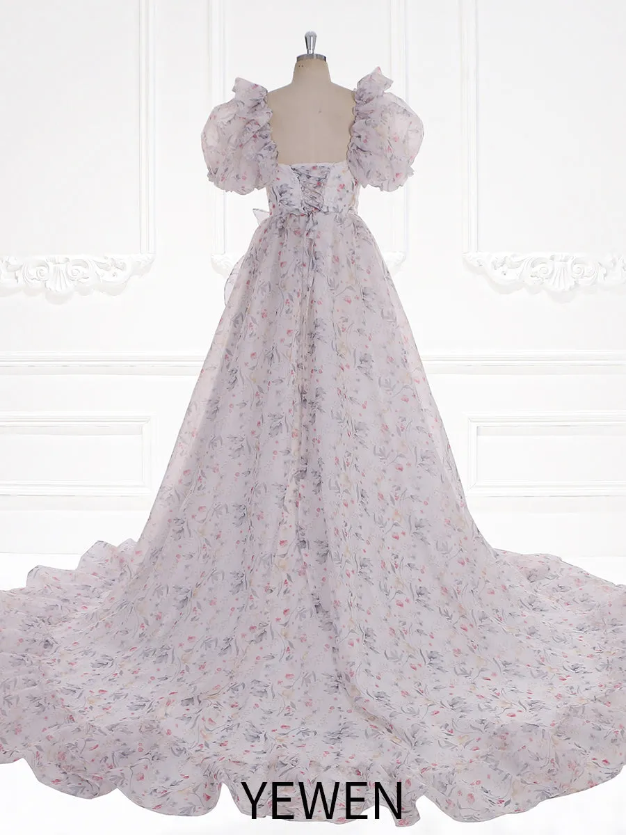 Print Floral Prom Dress Long Train Fancy Photo Shoots Gown Silk Soft Organza Maxi Dress YW231108