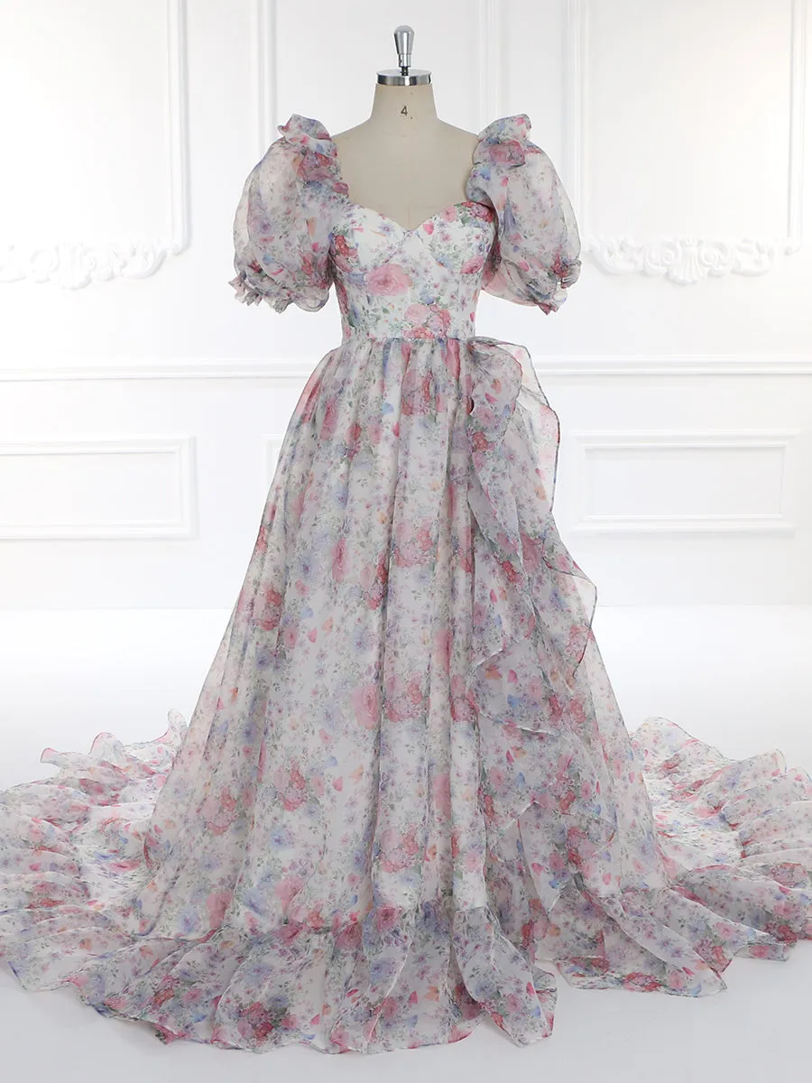 Print Floral Prom Dress Long Train Fancy Photo Shoots Gown Silk Soft Organza Maxi Dress YW231108