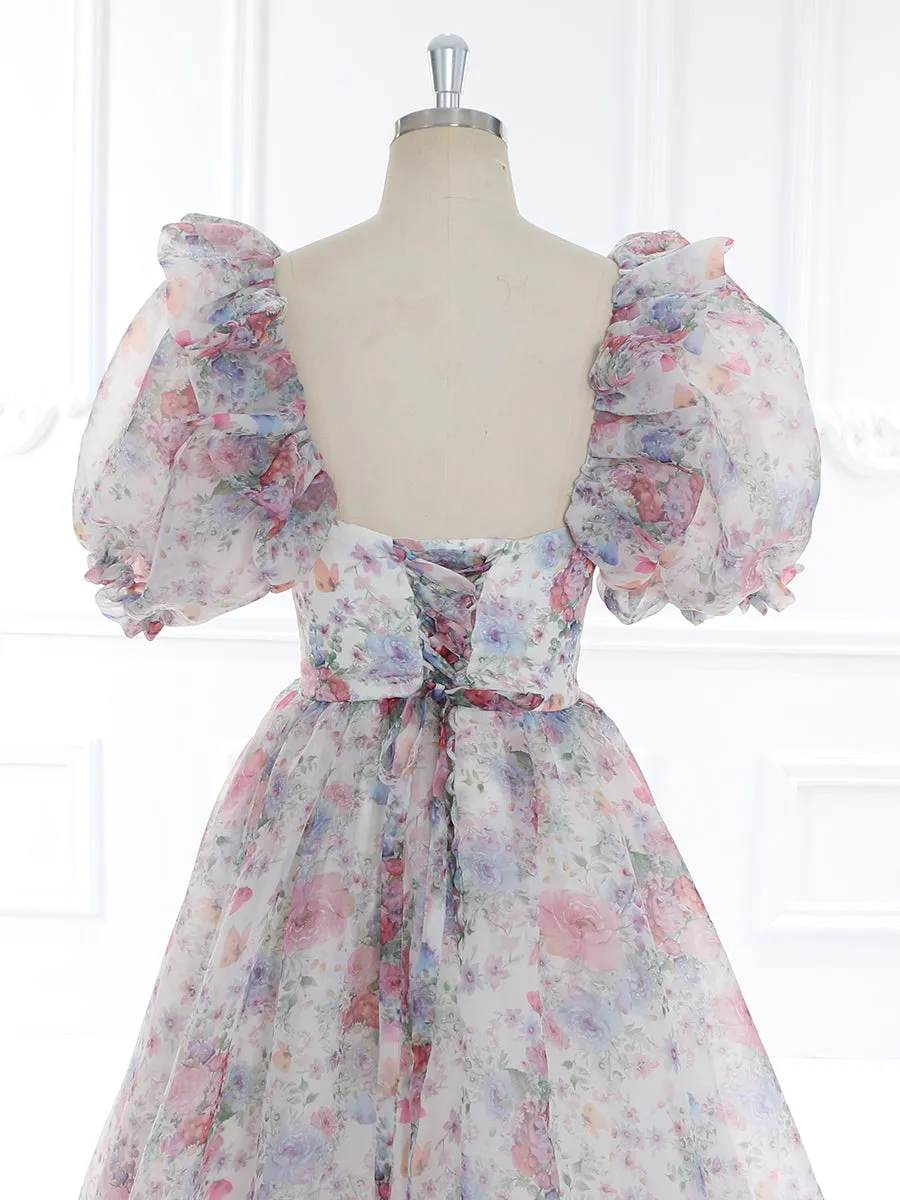 Print Floral Prom Dress Long Train Fancy Photo Shoots Gown Silk Soft Organza Maxi Dress YW231108