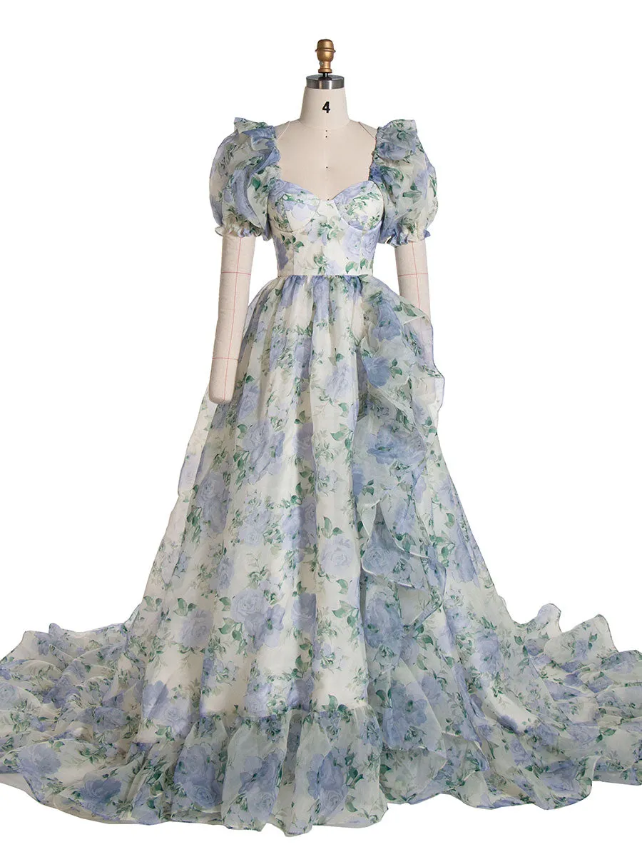 Print Floral Prom Dress Long Train Fancy Photo Shoots Gown Silk Soft Organza Maxi Dress YW231108