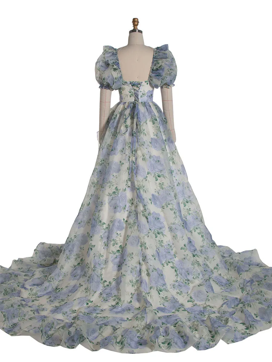 Print Floral Prom Dress Long Train Fancy Photo Shoots Gown Silk Soft Organza Maxi Dress YW231108