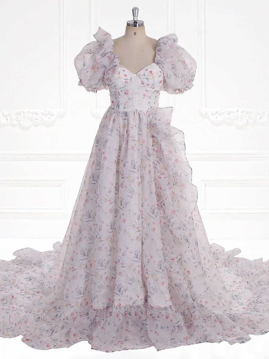 Print Floral Prom Dress Long Train Fancy Photo Shoots Gown Silk Soft Organza Maxi Dress YW231108