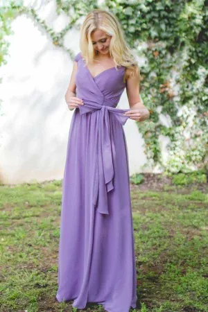 Purple Chiffon V-neck Cap Sleeves Lace Up Long Bridesmaid Dresses, MBD160