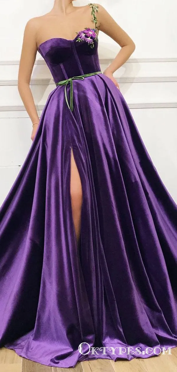 Purple Sweetheart One Shoulder Side Slit Long Prom Dresses, TYP1783