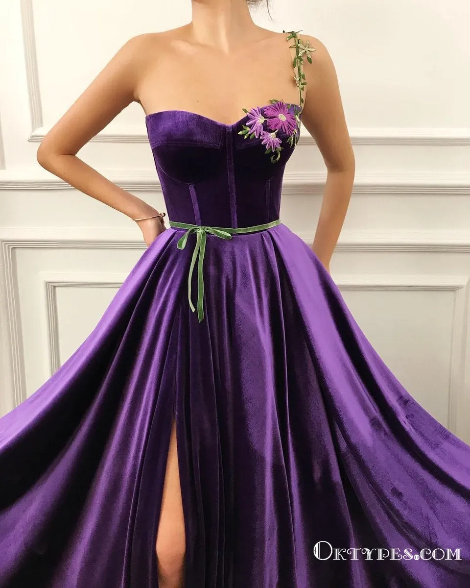 Purple Sweetheart One Shoulder Side Slit Long Prom Dresses, TYP1783
