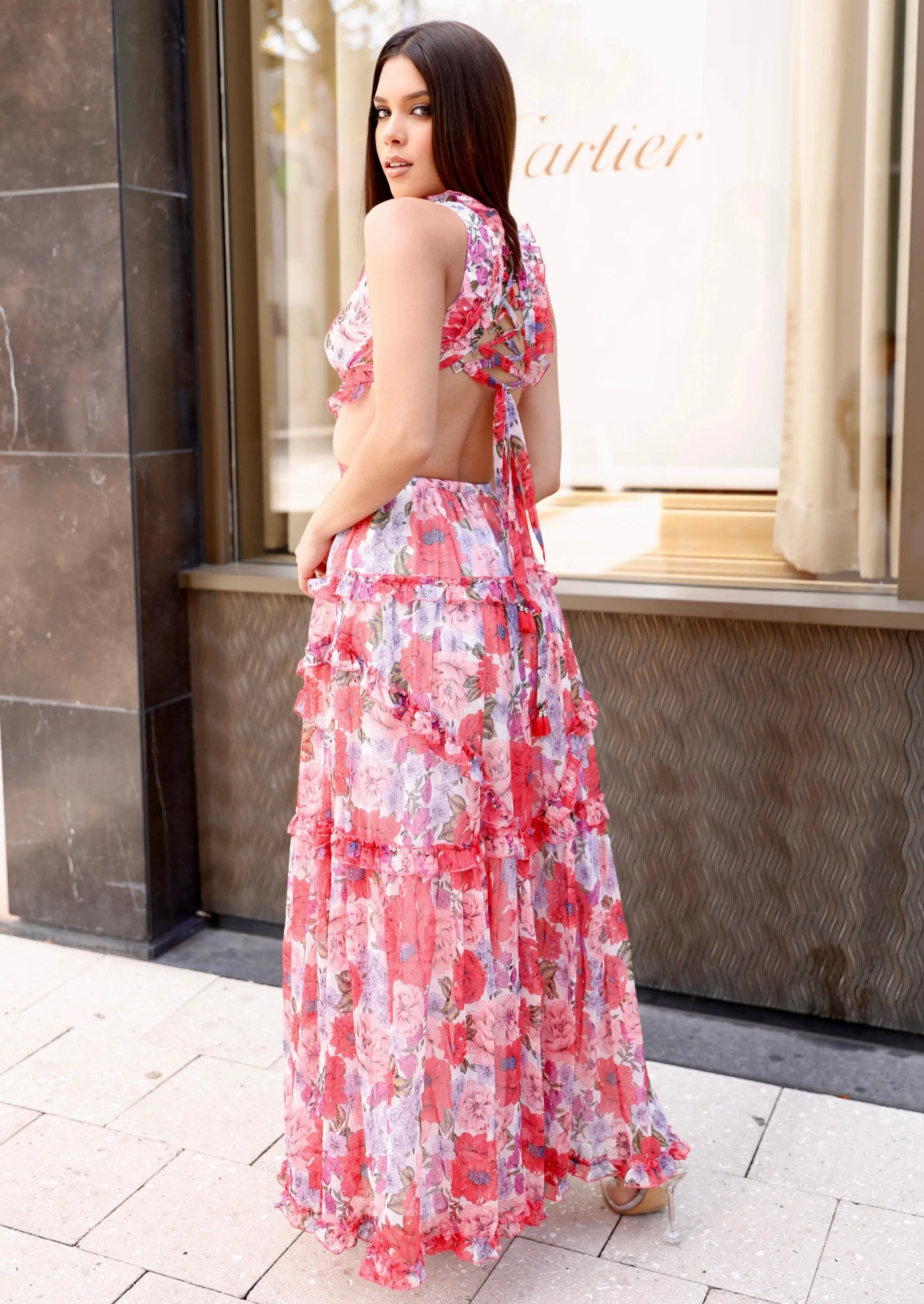 "ANGELA" FLORAL CHIFFON CUT OUT MAXI DRESS