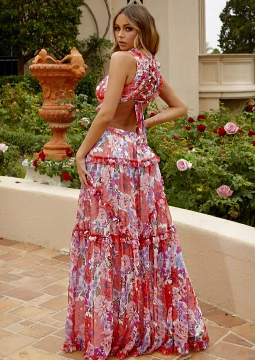 "ANGELA" FLORAL CHIFFON CUT OUT MAXI DRESS