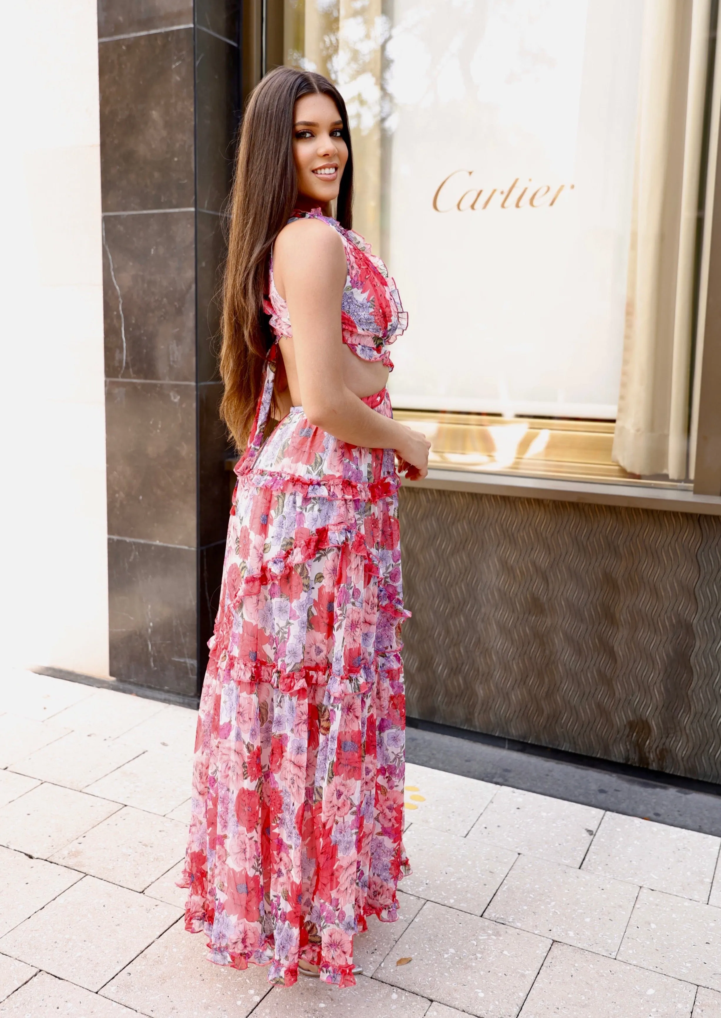 "ANGELA" FLORAL CHIFFON CUT OUT MAXI DRESS