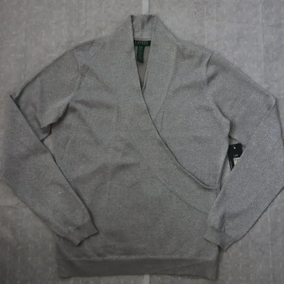Ralph Lauren Metallic Sweater L V Neck Pullover Long Sleeve Silk Cotton New