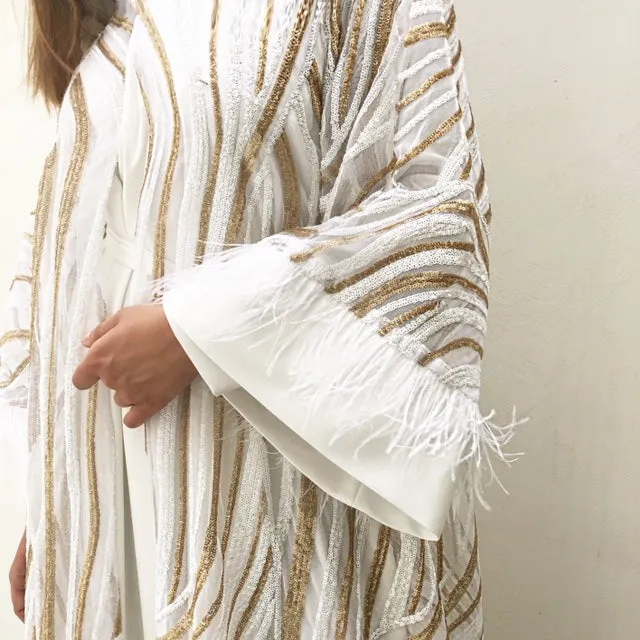 RAM19 MARIAM TULLE WITH SEQUINS IN GOLD & WHITE EVENING ABAYA