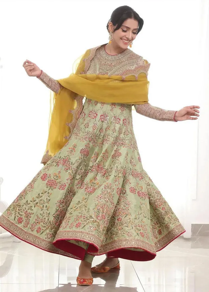 Raw Silk Sea Green Anarkali Frock Indian Wedding Dresses