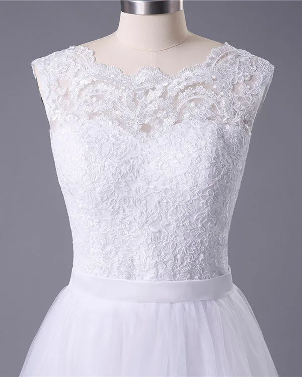Real Photos 2019 Lace Tulle Wedding Dresses for Beach Tulle Ruffles Chapel Train