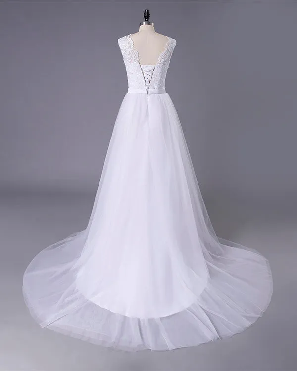 Real Photos 2019 Lace Tulle Wedding Dresses for Beach Tulle Ruffles Chapel Train
