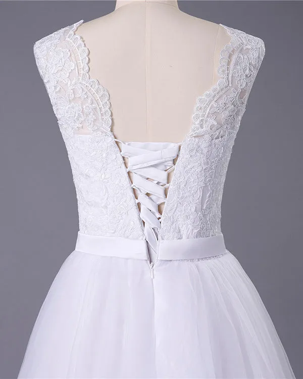 Real Photos 2019 Lace Tulle Wedding Dresses for Beach Tulle Ruffles Chapel Train