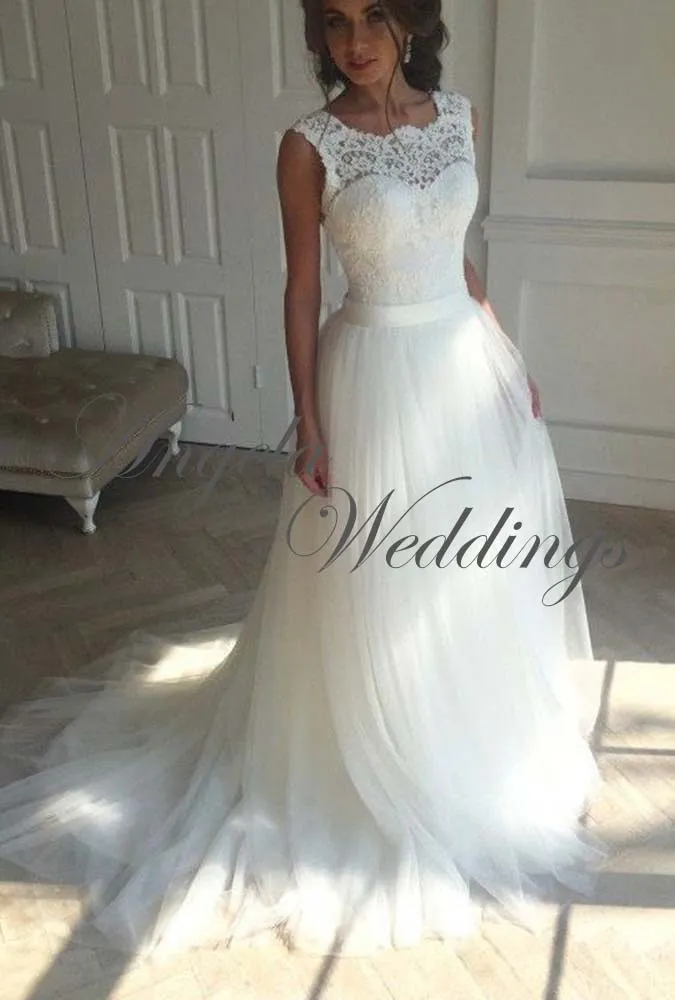 Real Photos 2019 Lace Tulle Wedding Dresses for Beach Tulle Ruffles Chapel Train