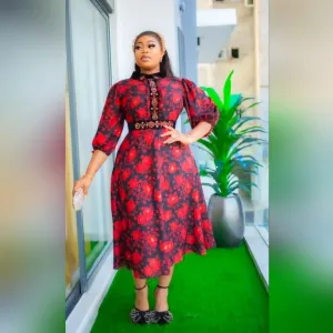 Red & Black Print Midi Dress with Velvet👑