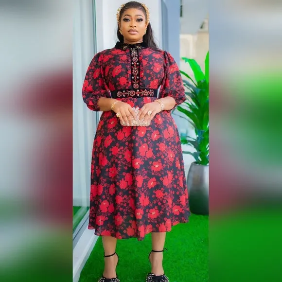 Red & Black Print Midi Dress with Velvet👑