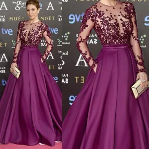 Red Carpet Inspired Plum See Through Beaded Sexy Long Sleeve A-line Satin Prom Dresses, PD0550