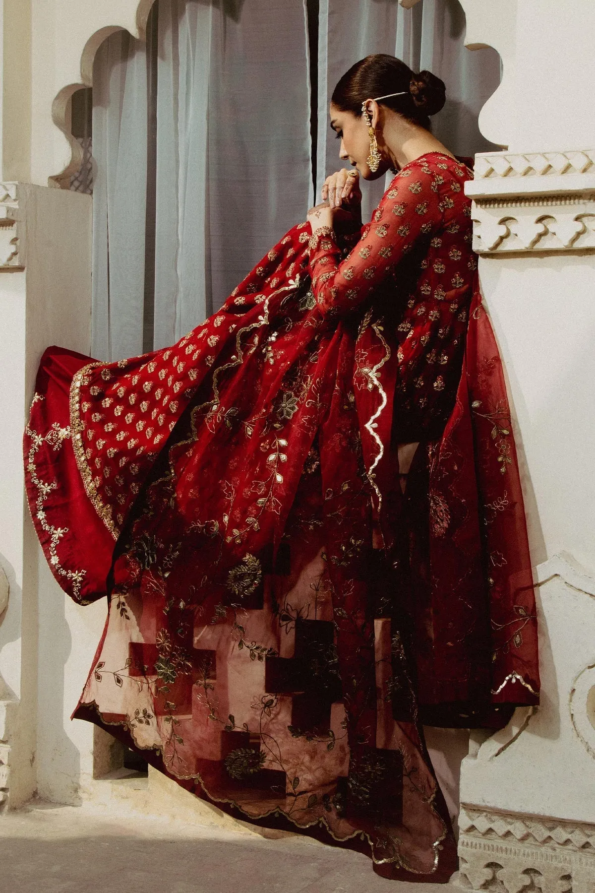 Red Lehenga and Pishwas Frock Pakistani Wedding Dress