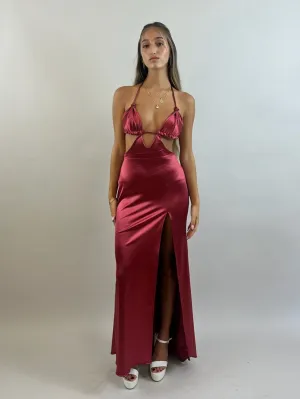 Red Low-Back Satin Evening Dress