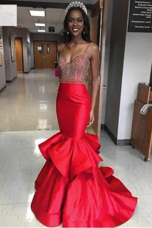 Red Mermaid Prom Pageant Dress with Beaded Bodice