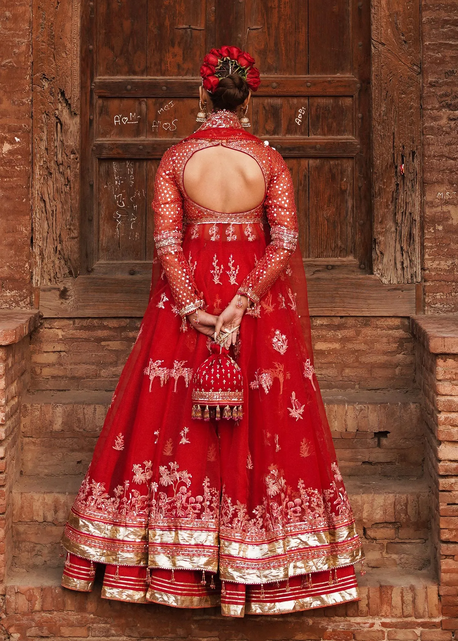 Red Pakistani Bridal Dress in Pishwas and Sharara Style