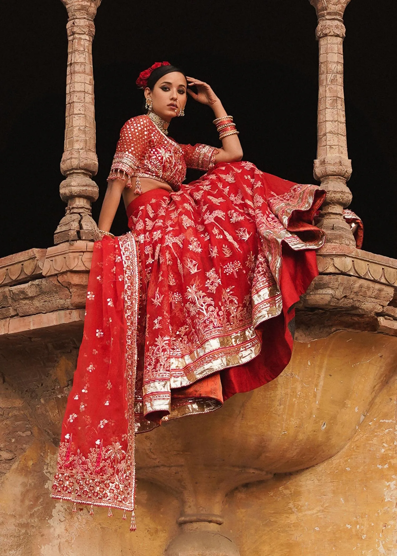Red Pakistani Bridal Dress in Pishwas and Sharara Style