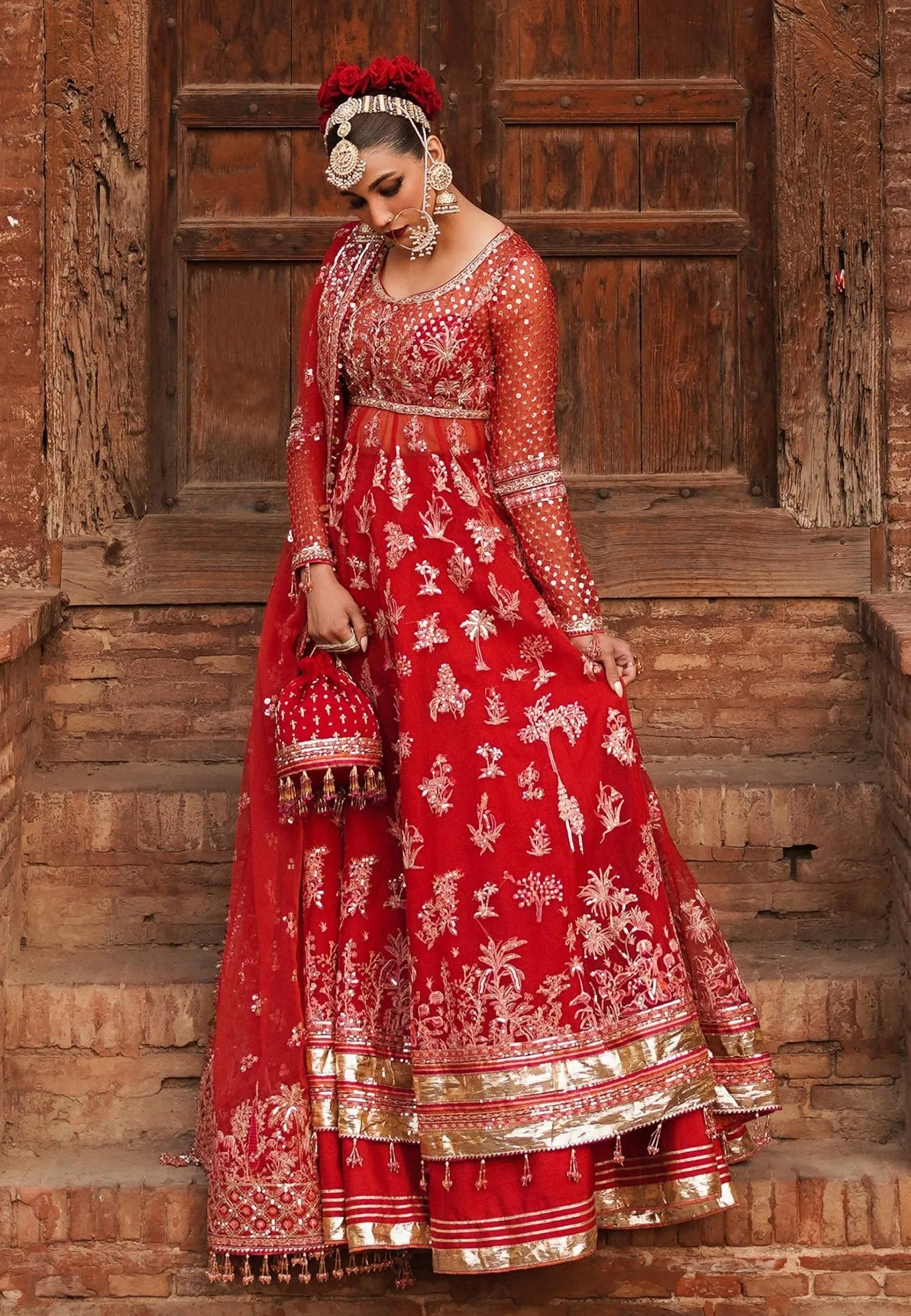 Red Pakistani Bridal Dress in Pishwas and Sharara Style