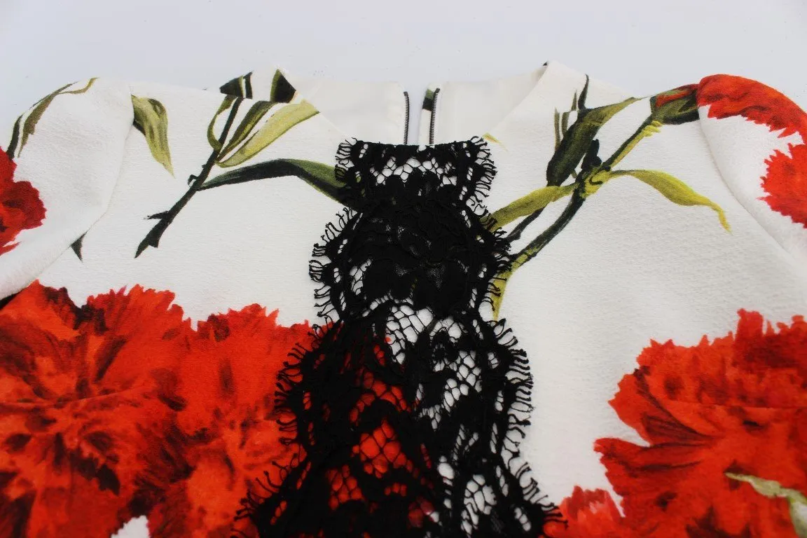 Red Roses Print Black Lace Stretch Dress