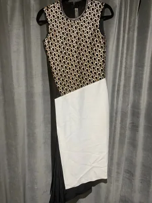 REED KRAKOFF Sleeveless Black Leather White Satin and Gold Circles Midi Dress