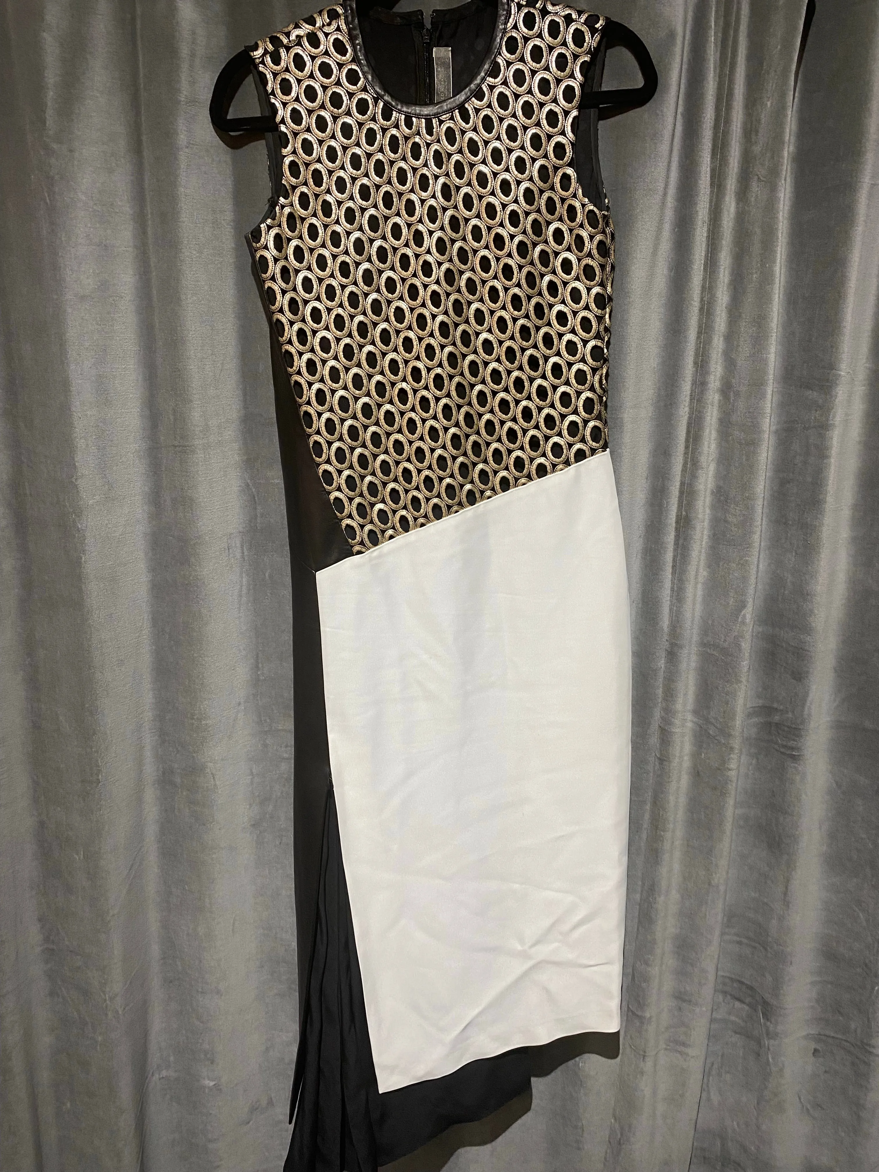 REED KRAKOFF Sleeveless Black Leather White Satin and Gold Circles Midi Dress