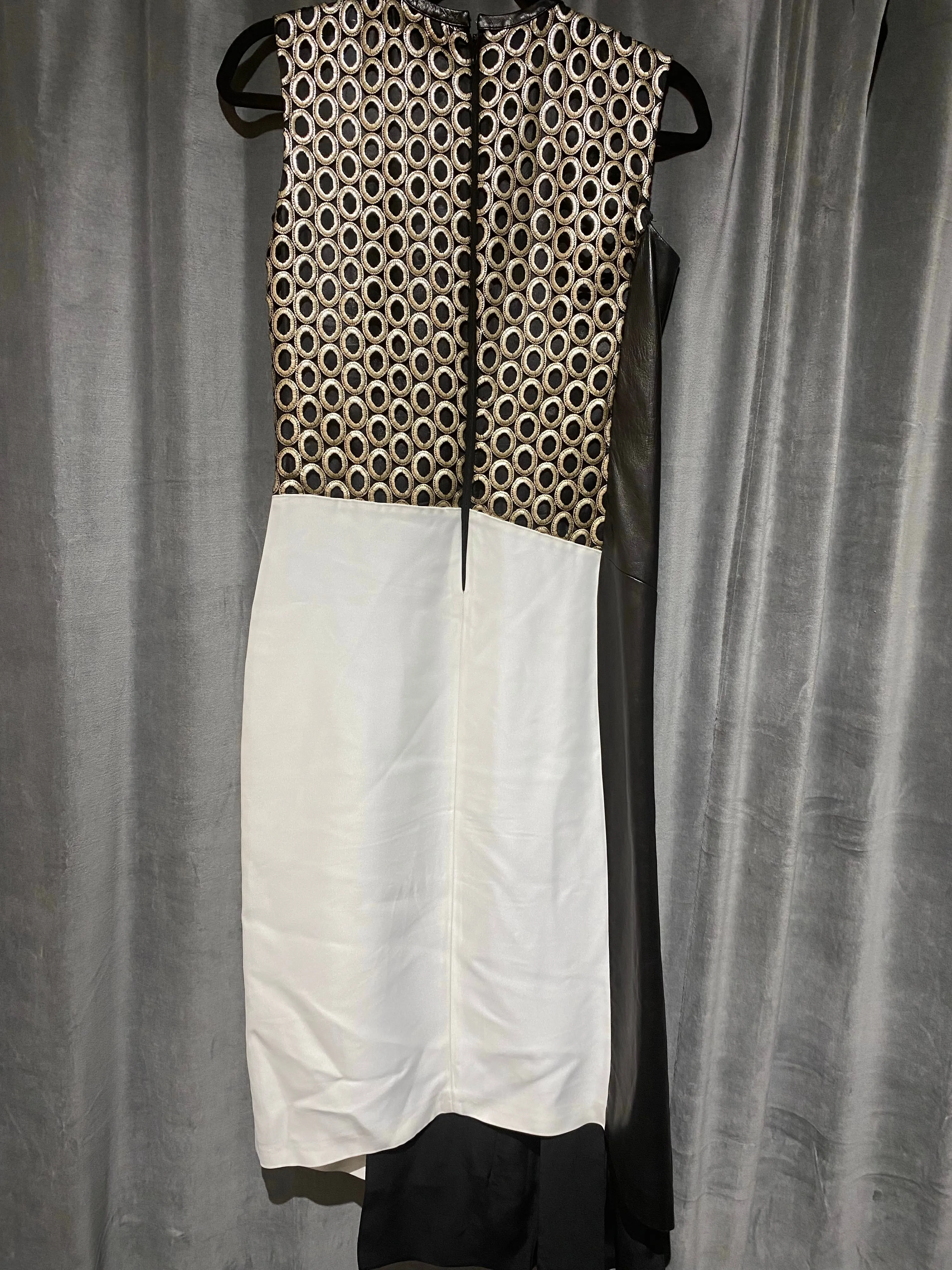 REED KRAKOFF Sleeveless Black Leather White Satin and Gold Circles Midi Dress