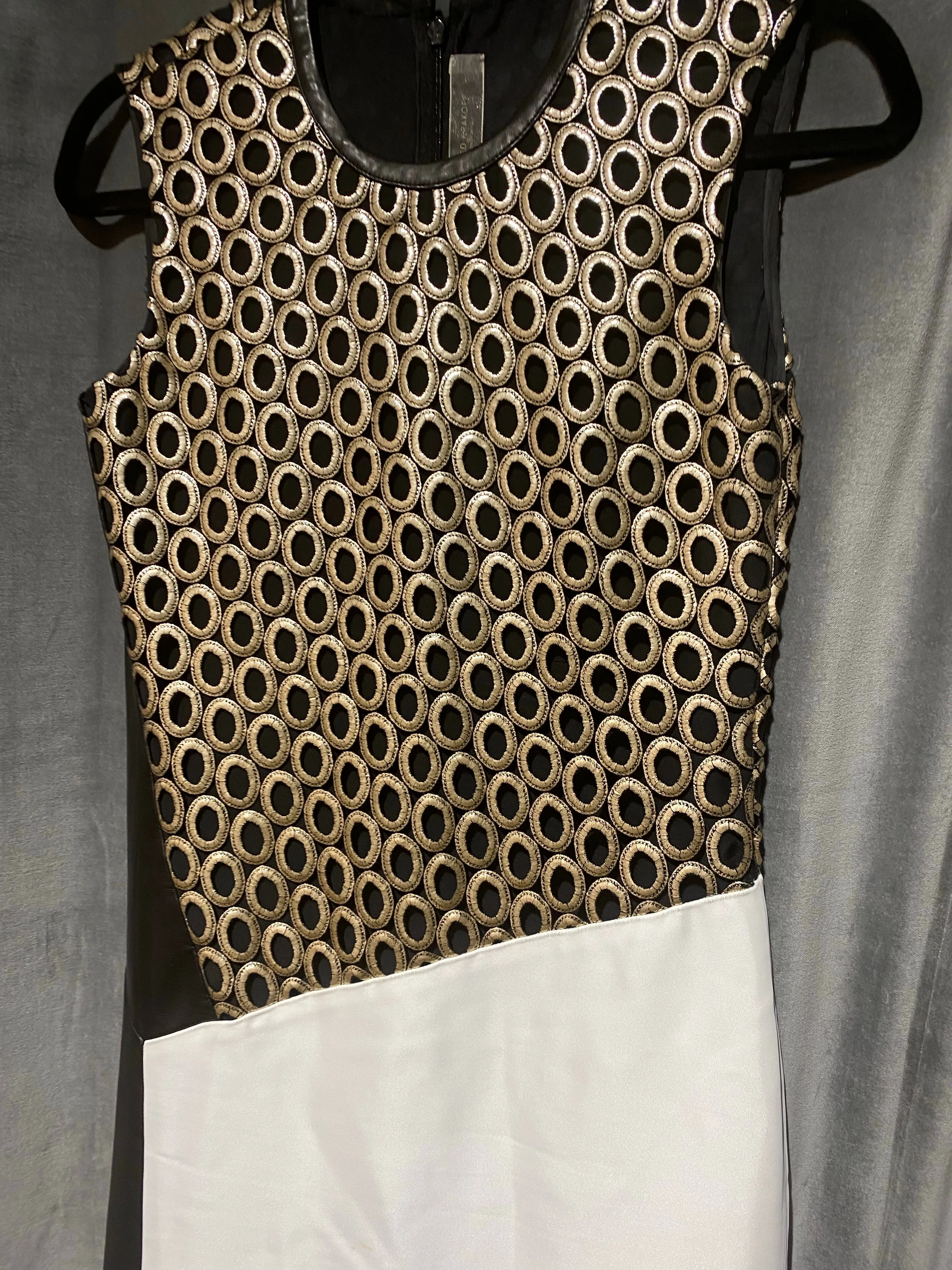 REED KRAKOFF Sleeveless Black Leather White Satin and Gold Circles Midi Dress