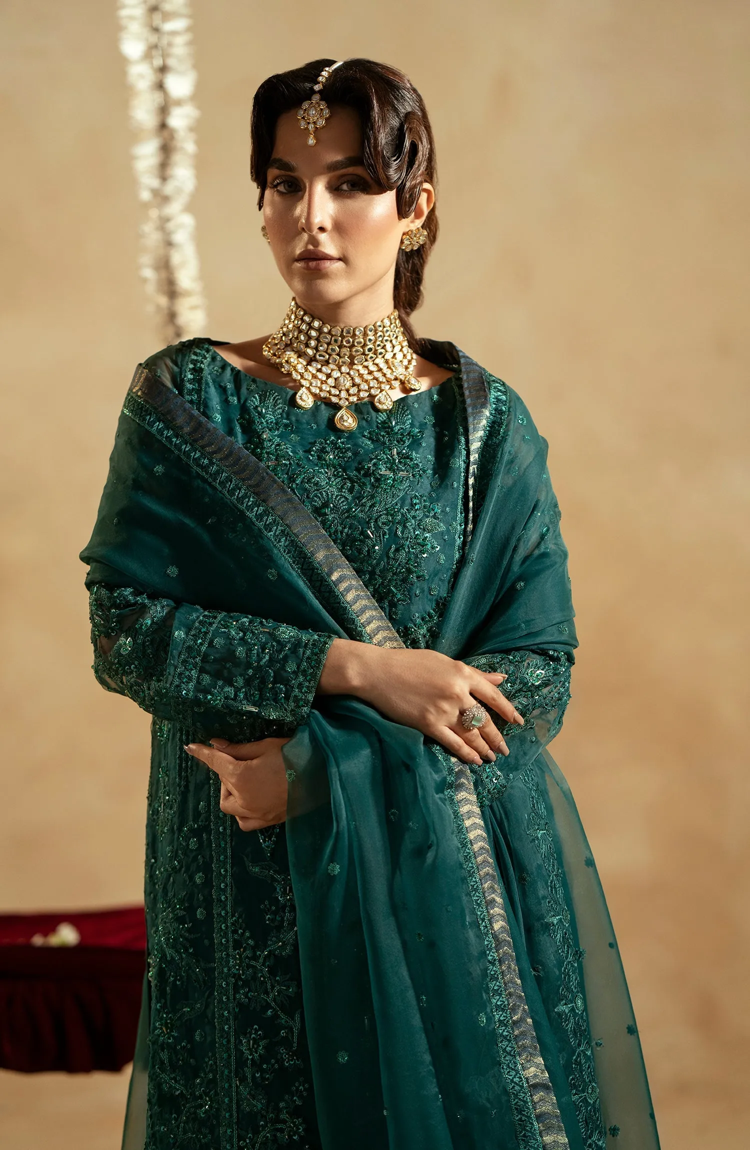 Regal Green Embroidered Pakistani Wedding Dress Kameez Sharara