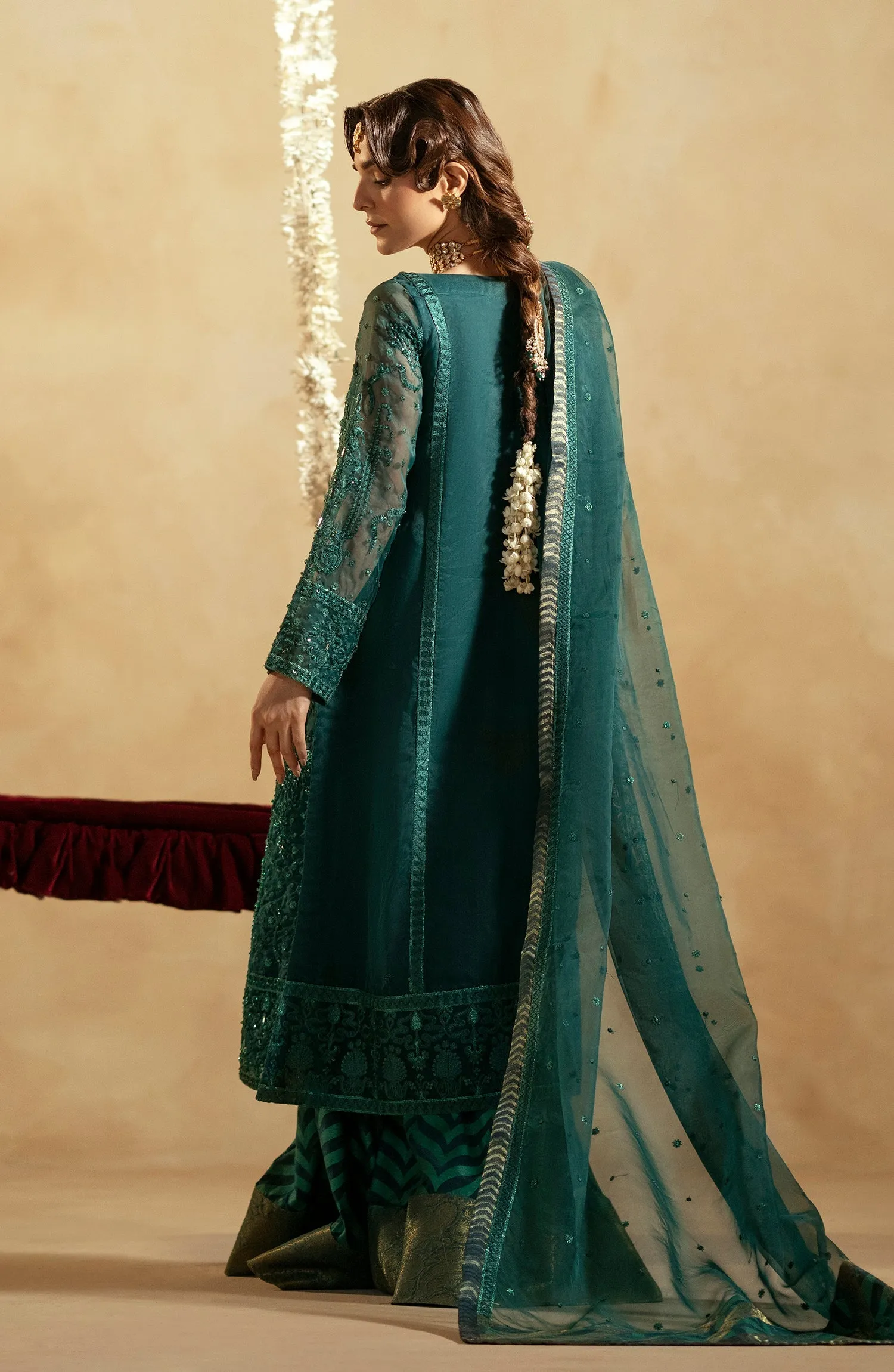 Regal Green Embroidered Pakistani Wedding Dress Kameez Sharara