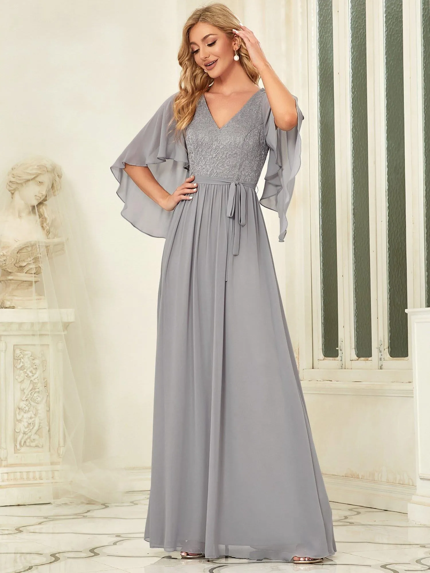 Robe de soirée élégante en mousseline de soie à col en V profond(Vente finale)