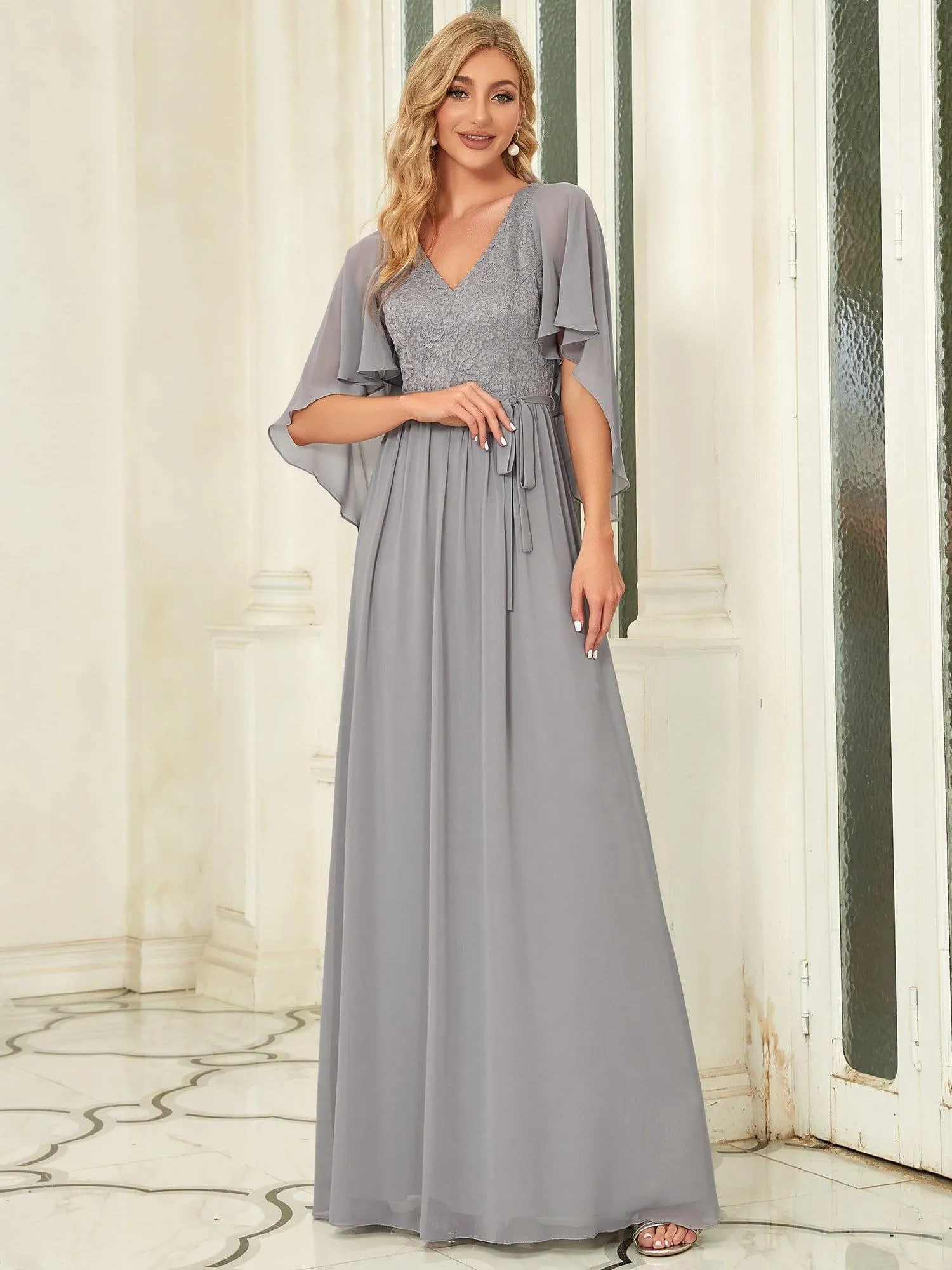 Robe de soirée élégante en mousseline de soie à col en V profond(Vente finale)