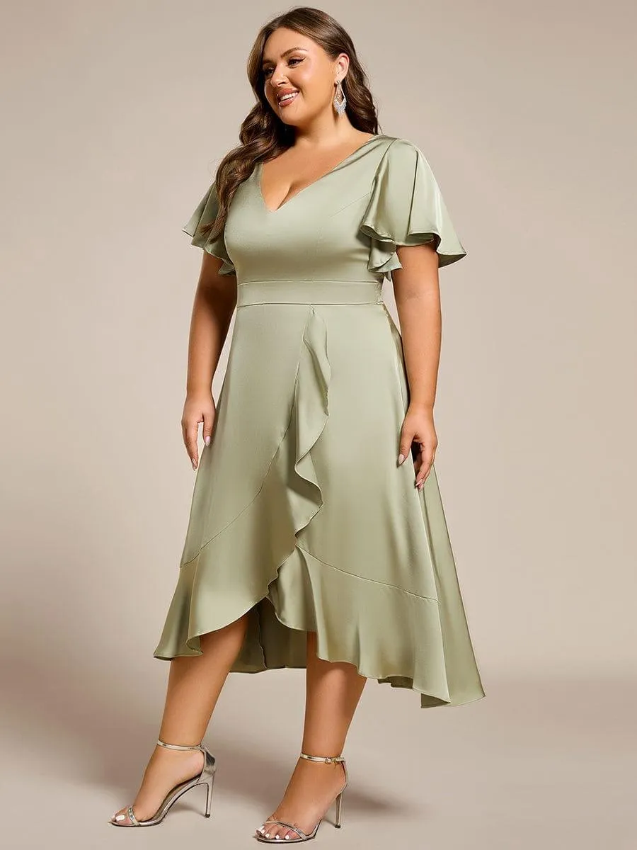 Robe d'invitée de mariage en satin grande taille avec jupe à volants