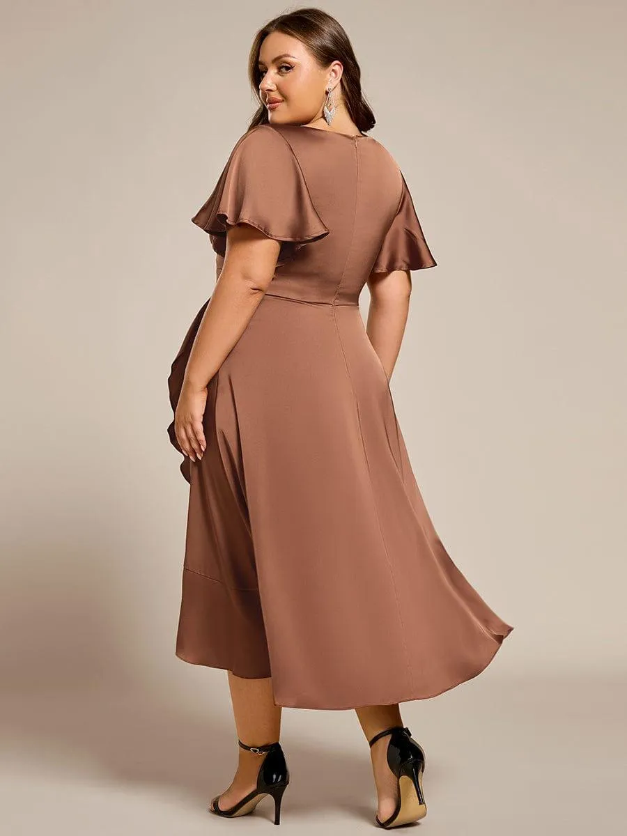 Robe d'invitée de mariage en satin grande taille avec jupe à volants