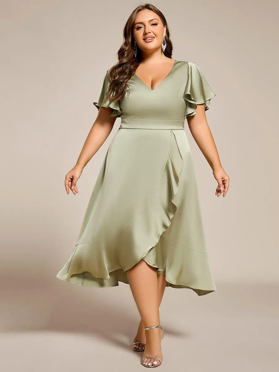 Robe d'invitée de mariage en satin grande taille avec jupe à volants
