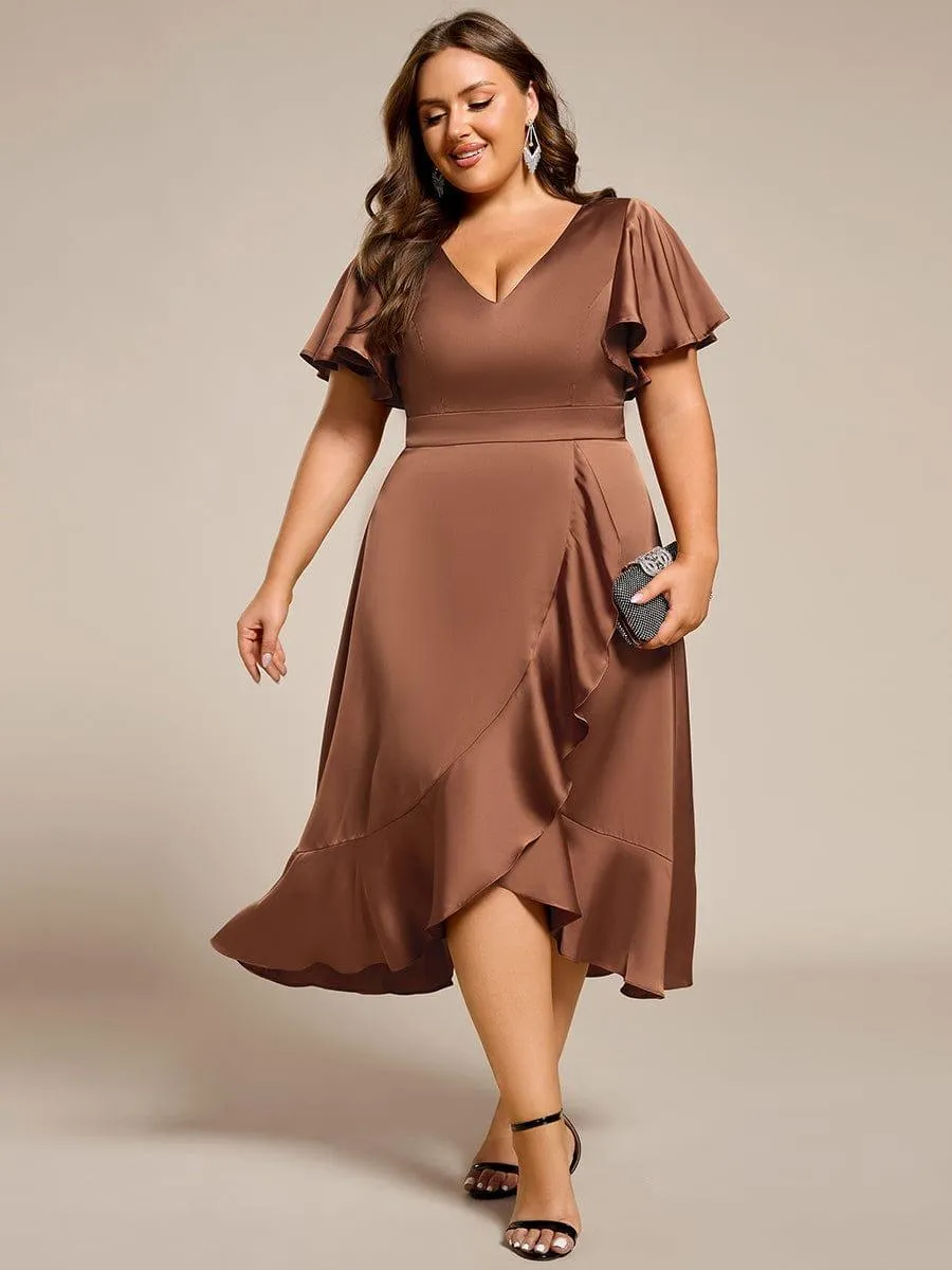 Robe d'invitée de mariage en satin grande taille avec jupe à volants